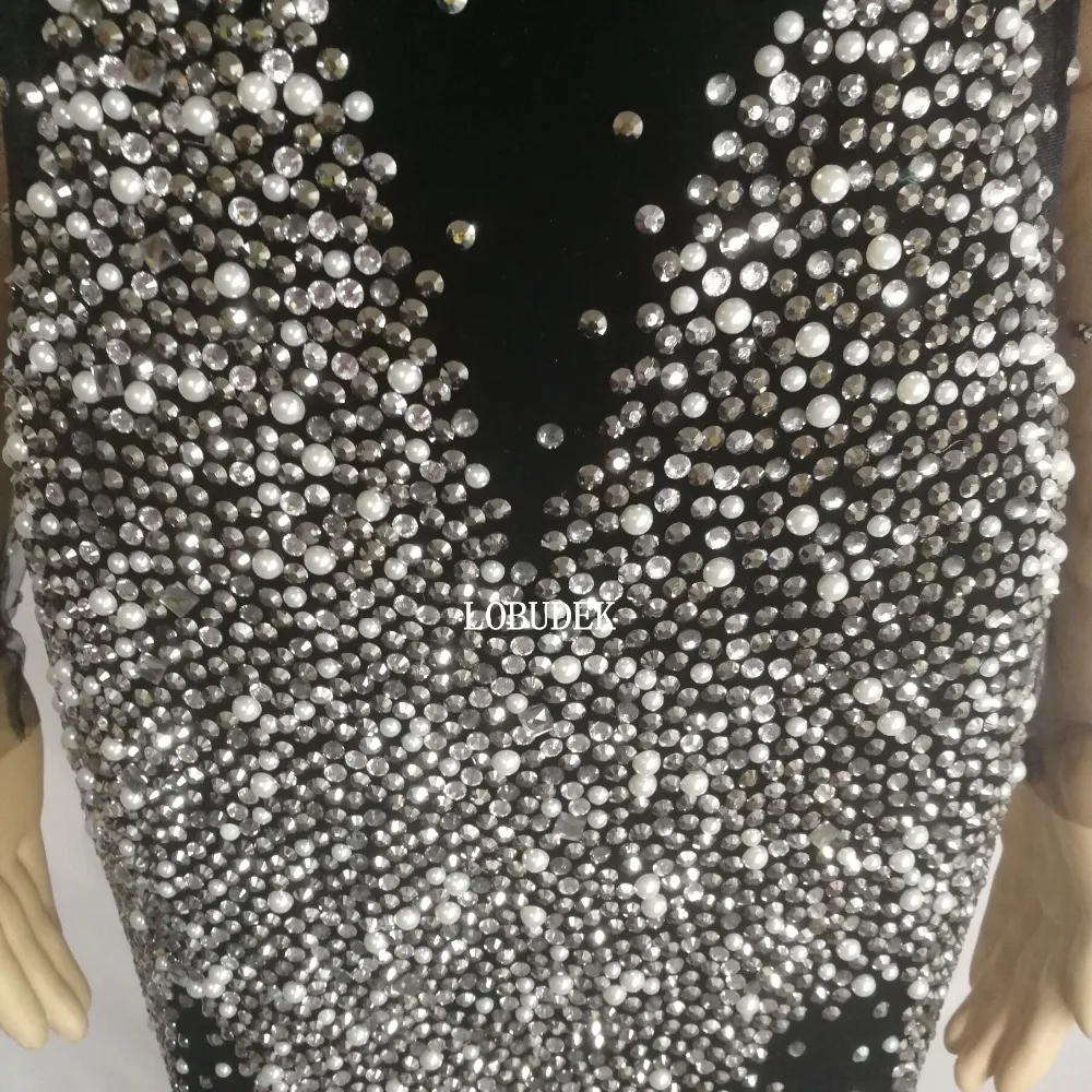 Sparkly Rhinestones Black Velvet Long Dress Lady Birthday Banquet Evening Prom Party Show Dresses Sexy V-neck Backless Dress