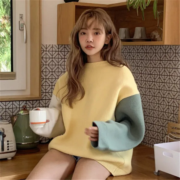 RUGOD женский свитер осень зима корейский стиль Шикарный контрастный цвет круглый вырез длинный рукав Свободный Пушистый свитер зимний джемпер - Цвет: Золотой