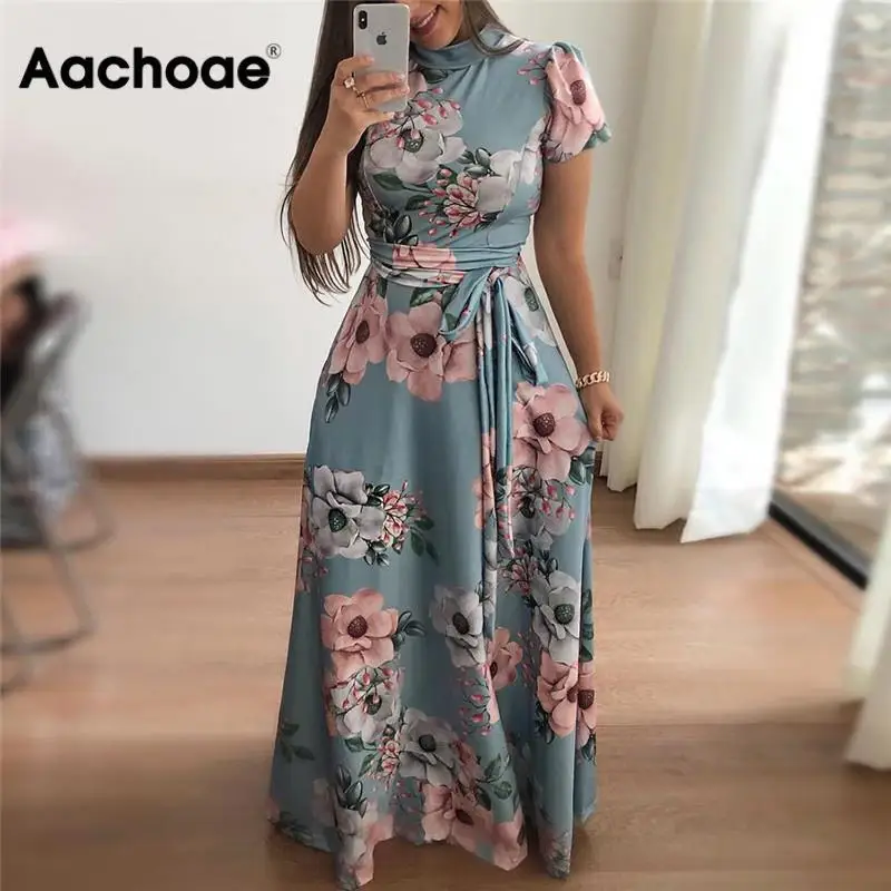 Aachoae Women Long Maxi Dress 2020 Floral Print Summer Dress Casual Short Sleeve Turtleneck Bandage Bodycon Party Dress Vestidos Aachoae Women Long Maxi Dress 2020 Floral Print Summer Dress Casual Short Sleeve Turtleneck Bandage Bodycon Party Dress Vestidos