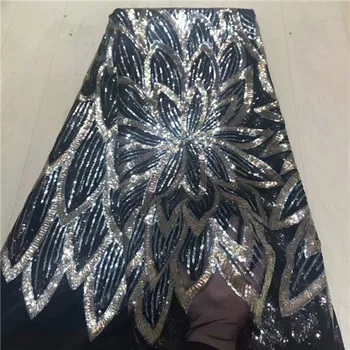 

2019 Latest African Net Lace Fabric, High Quality 3d Sequins Nigerian Wedding Lace Fabrics 5Yards Sequins French Tulle lace 0821