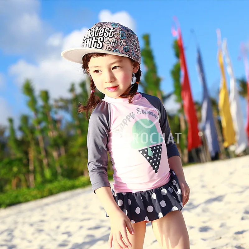 

Ice Cream Printed KID'S Swimwear Long Sleeve Split Skirt-Princess Girls Swimwear Boxer Hot Springs Swimwear