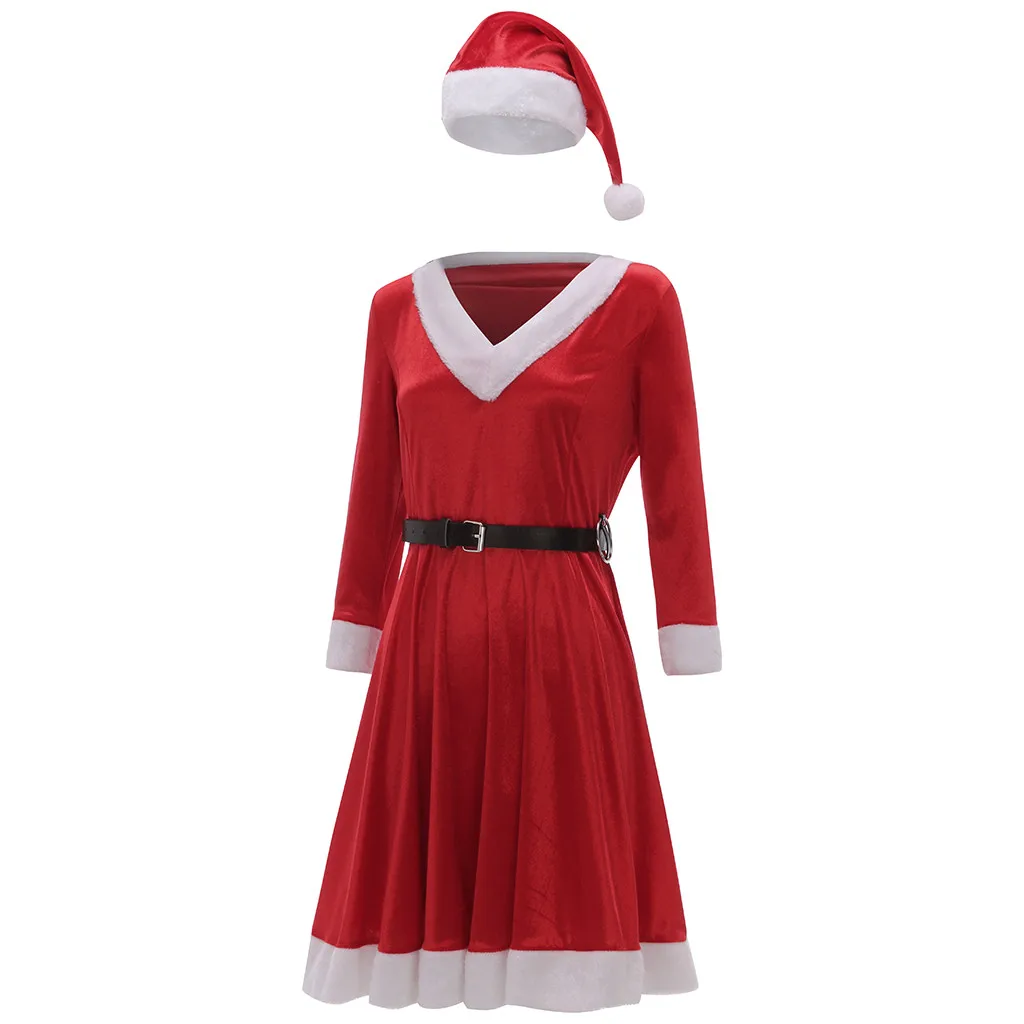 Стильная женская одежда, рождественские платья, однотонное женское платье с v-образным вырезом и длинным рукавом, бархатные Махровые Мини платья+ пояс+ шляпа, Рождественская одежда - Цвет: Красный