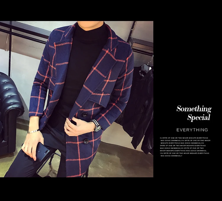 men's new autumn and winter Slim Korean plaid printing long section trench fashion coat urban bout blends coat