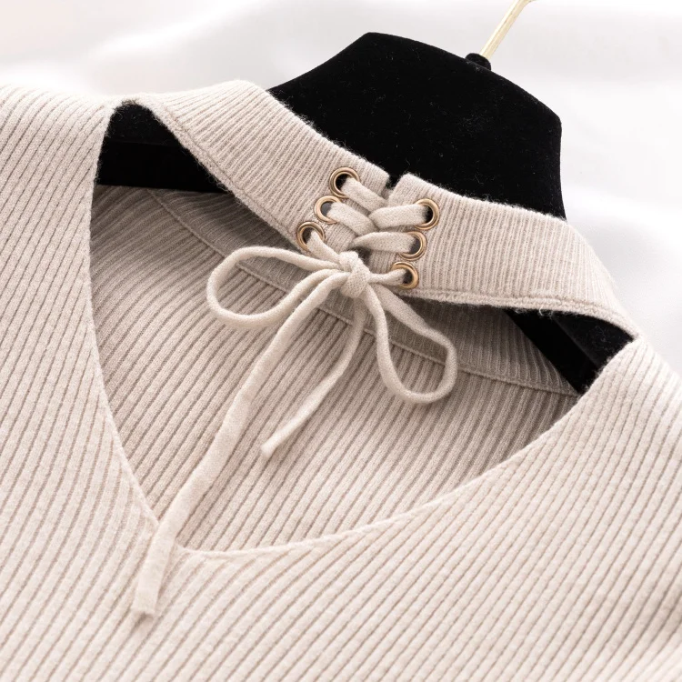 Повседневный женский тонкий свитер зимний вязаный свитер со шнуровкой длинный рукав вязаный однотонный пуловер женские свитера