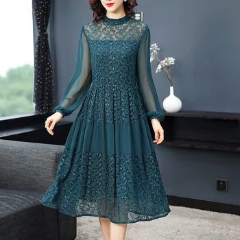 

silk dresses women natural 2020 spring summer green lace floral casual sexy dress elegant slim plus size high quality fashion