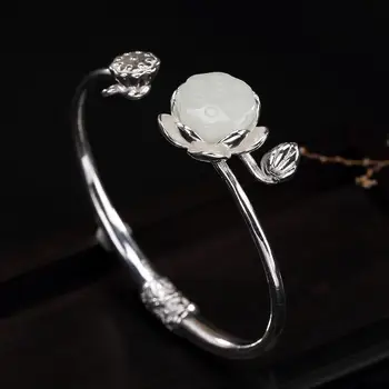 

new inlaid natural Hetian Chalcedony lotus lotus lotus lotus Bracelet retro charm original women adjustable brand jewelry