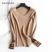 BIAORUINA, 5 цветов, Женский вязаный свитер в стиле knean, контрастные цвета, женский модный пуловер с v-образным вырезом, подходит ко всему, один размер