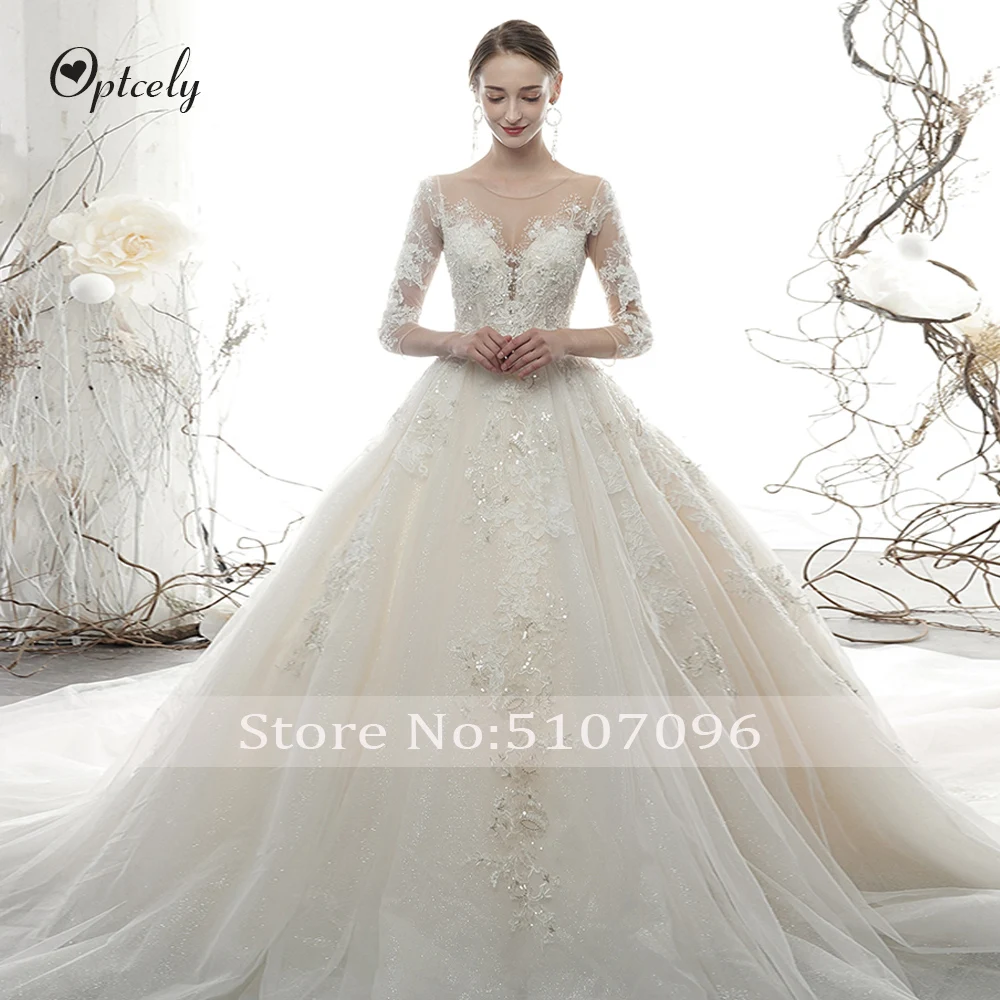 Optcely Vintage O-Neck Three Quarter Button Ball Gown Wedding Dresses Appliques Beaded Bride Princess Dream Robe De Mariee