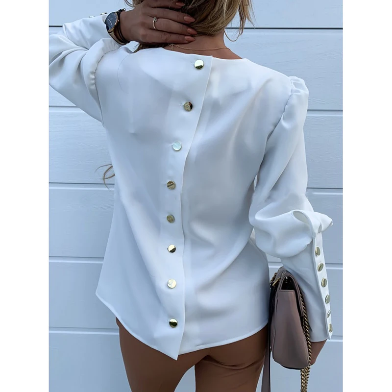 Long Sleeve Shirt Women Solid Casual Tee Shirt Femme Round Neck Button Plus Size Korean Clothes SJ4764V