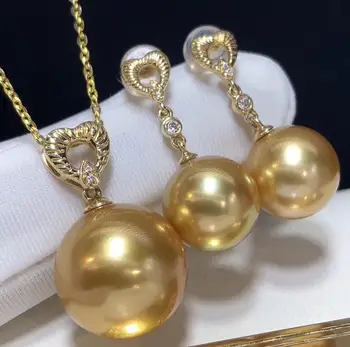 

D118 Fine Jewelry 18K Gold Natural Ocean Sea Golden Pearls 8-11mm Female's Jewelry Sets for Women FIne Jewelry Sets