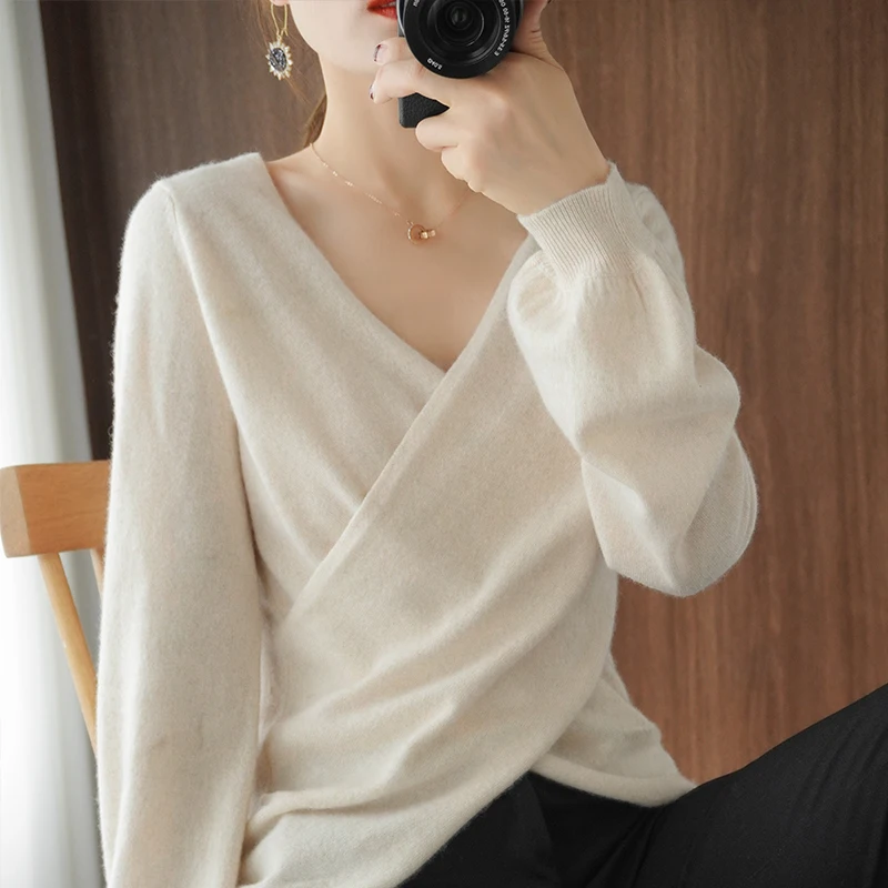 100% Pure Wool Ladies Cashmere Sweater Fashion V