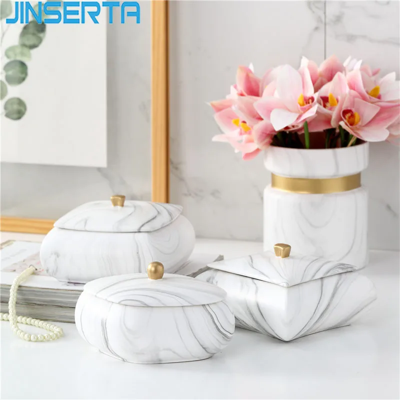 

JINSERTA Marbled Ceramic Storage Tray Jewelry Display Plate Cosmetic Organizer Luxury Desktop Sundries Box with Lid for Decor