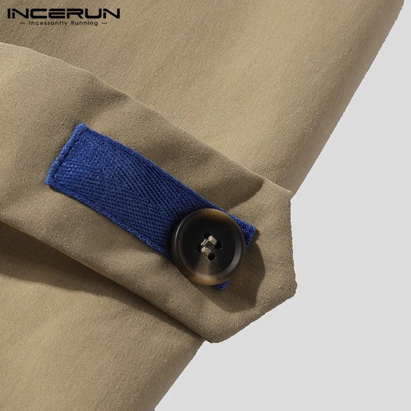 INCERUN, корейская мода, мужской однотонный Тренч с отворотом, длинный рукав, куртки, повседневный тренд, Джокер, Мужская однобортная ветровка, пальто