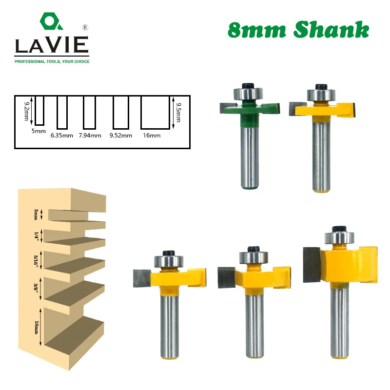  5pcs 8mm Shank T Slot Router Bit Bit with Bearing Wood Slotting Milling Cutter T Type Rabbeting Woo