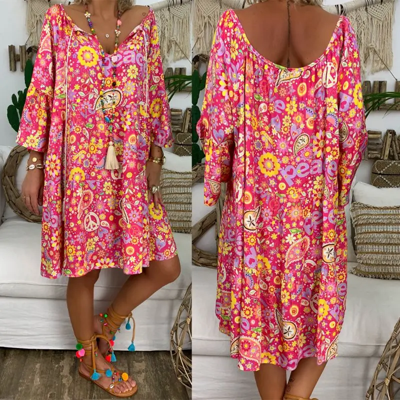 Dress Casual Beach-Shirt Loose Floral-Print Women Boho Plus-Size Summer Vestido Deep-V-Neck