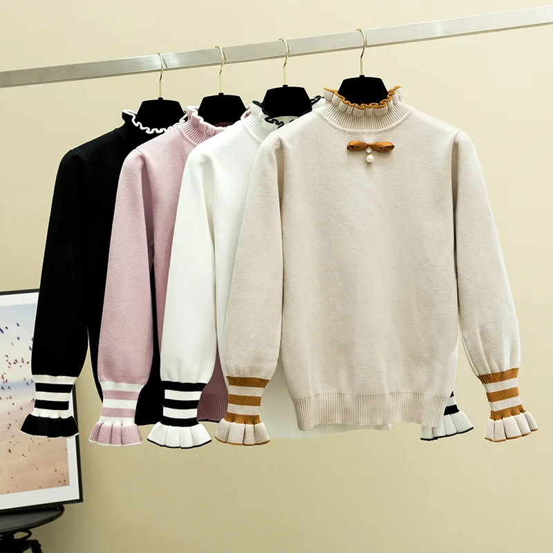 Женский свитер с воротником-оборкой HLBCBG плотный джемпер бантом и бусинами в