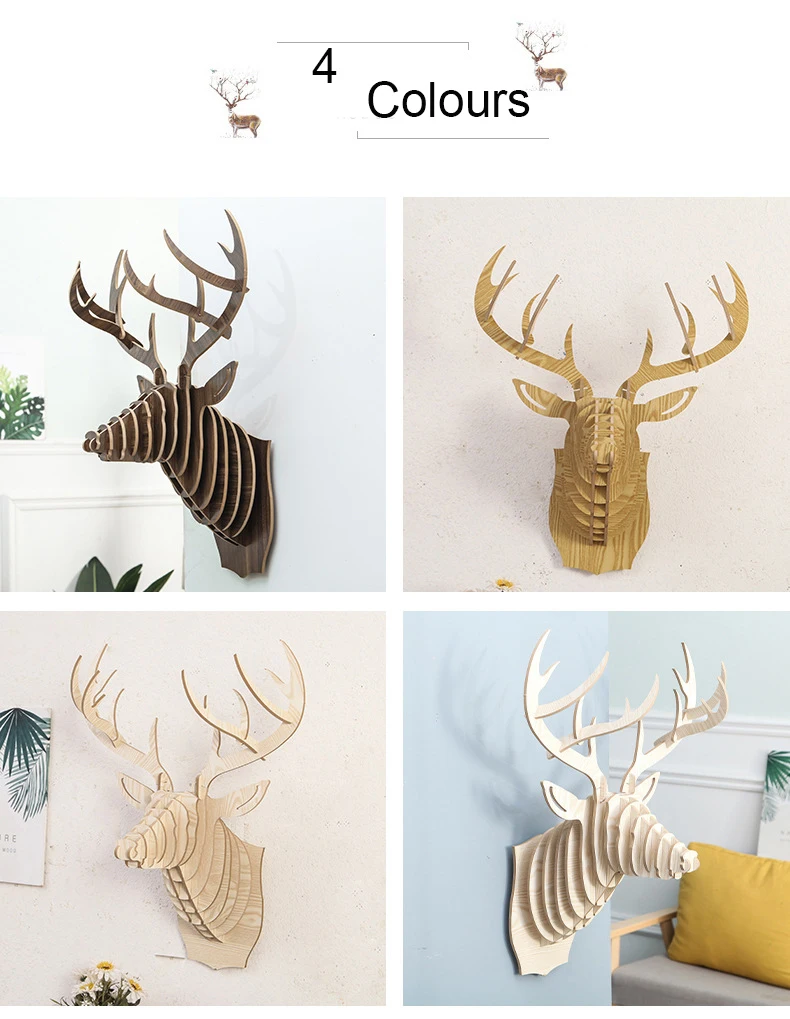 Big Deer Wood Statue Home Decor Sculpture 62x52cm Handwork Assembled Wall Decoration Accessories Hanging Statues Room Wall Decor (5)