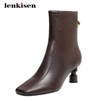 

Lenkisen new arrival Chelsea boots natural leather european square toe high strange heel zipper beauty lady cozy ankle boots L09