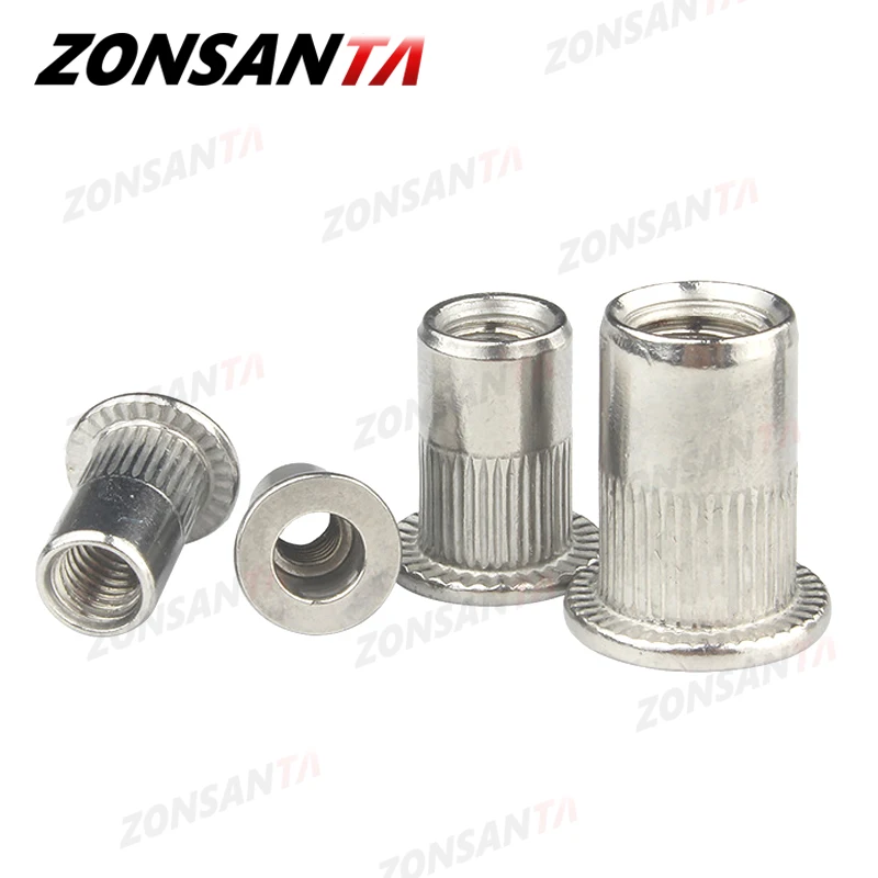 ZONSANTA 리벳 너트 304, 스테인리스 스틸 M4 M5 M6 M8 M10 리벳 너트, 플랫 헤드 스레드 리벳 인서트 너트서트 캡, 천공 리벳 너트
