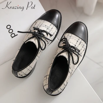 

Krazing pot British school cow leather mixed colors shoes round toe med heels fashion daily wear women neutral lace up pumps L39