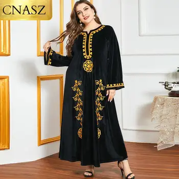 

New Plus Size Women's Dress Floral Thick Velvet Gold Thread Embroidery Autumn and Winter Long-Sleeved Casual Loose Long Skirt