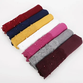 

women pleated jersey scarf shawl pearl edges hijab wrinkle muslim solid scarfs long muffler fashion scarves
