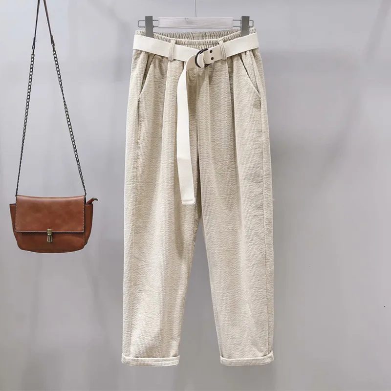 

Winter Pants Women White Corduroy Harem Pants With Blet Korean Style Loose Ankle-Length Pants Casual Pants