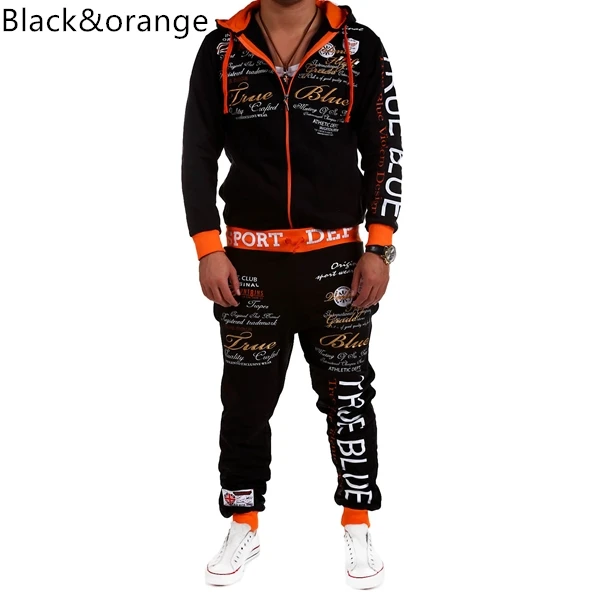 Black orange ZOGAA, повседневный мужской костюм, осенняя спортивная одежда, комплекты, спортивный костюм на молнии, толстовки с принтом, топы+ спортивные штаны, 2 предмета в комплекте, мужская одежда - Цвет: Black orange