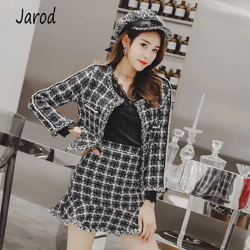 

High Quality 2019 Luxury Runway Winter 2 Piece Set Vintage Navy Collar Long Sleeve Tweed coat Top and Mini skirts Set