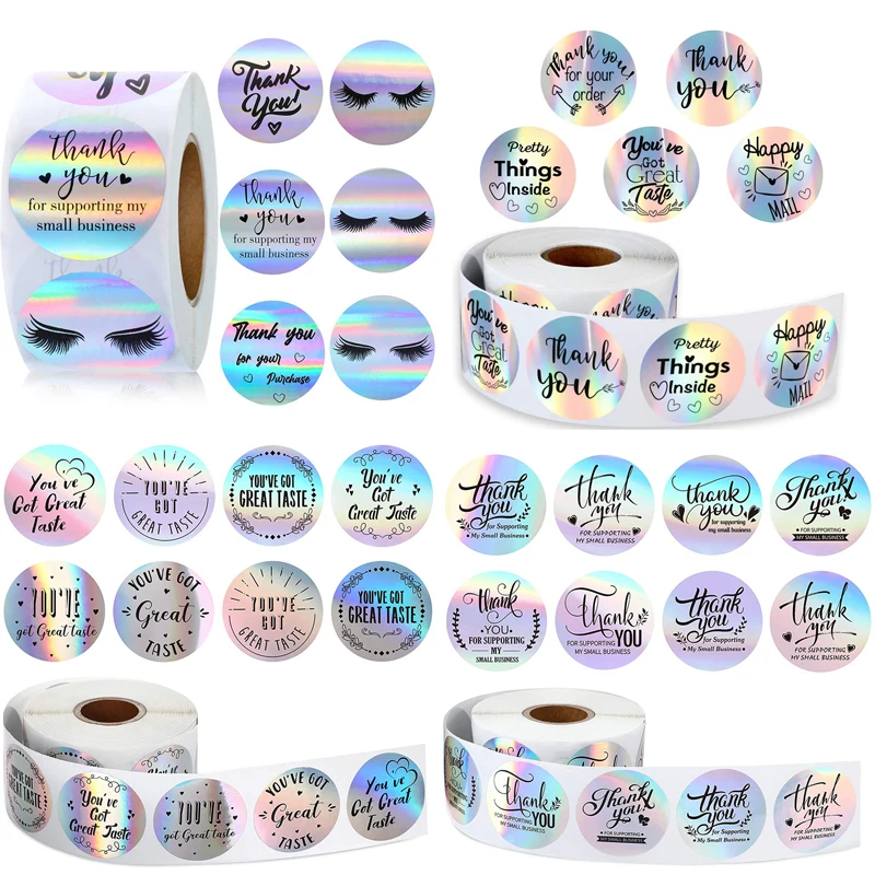500 Uds gracias pegatinas Tienes buen gusto holográfico plata pegatinas de arcoíris regalo sello etiquetas sobre tienda de