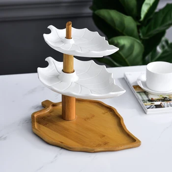 

Ceramic Fruit Plate Three-layer Platter with Wooden Frame Rotatable Cake Dessert Plate Table Decoration Display Rack mx12101115
