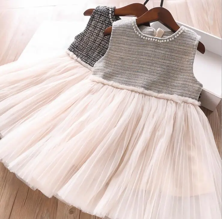 Весеннее Сетчатое платье-майка с бисером для девочек; платье принцессы; детское элегантное платье; 5 шт./партия;