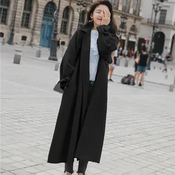 

2019 New Fashion Women Woolen Coat Autumn Winter Loose Long Coat Outerwear Adjustable Waist Elegant Ladies Wool Blends Coat