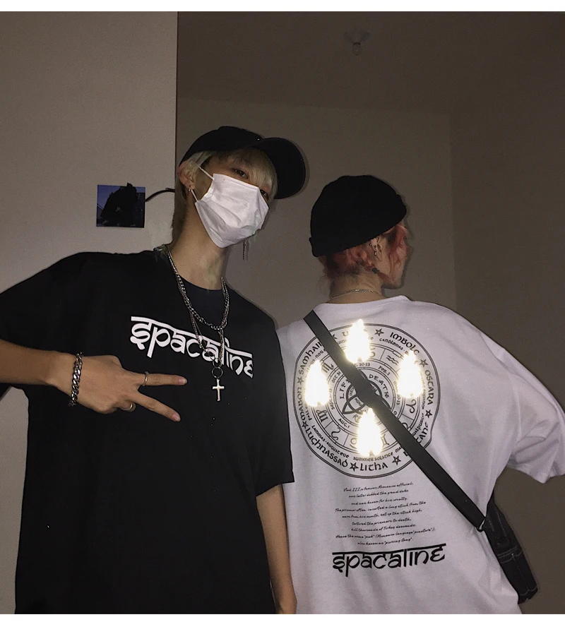 Harajuku Darkness женская футболка, винтажный узор, светоотражающие, с принтом пламени, круглый вырез, короткий рукав, черные повседневные футболки, готические футболки