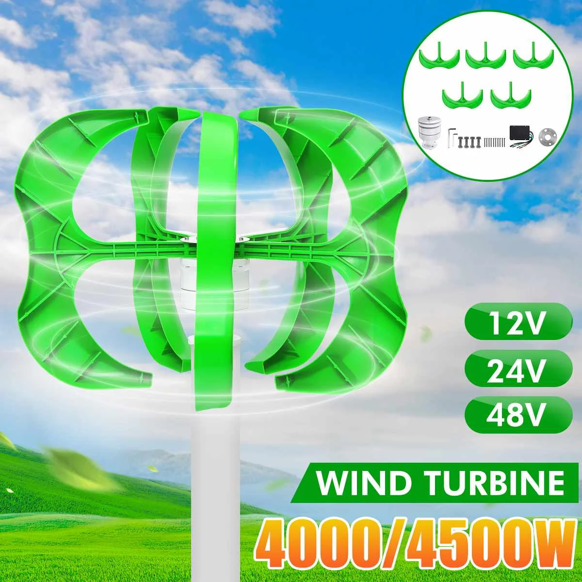 

4500W/4000W Wind Generator 12/24/48V 5 Blades generator Lantern wind turbines Vertical Axis For Household Streetlight+Controller