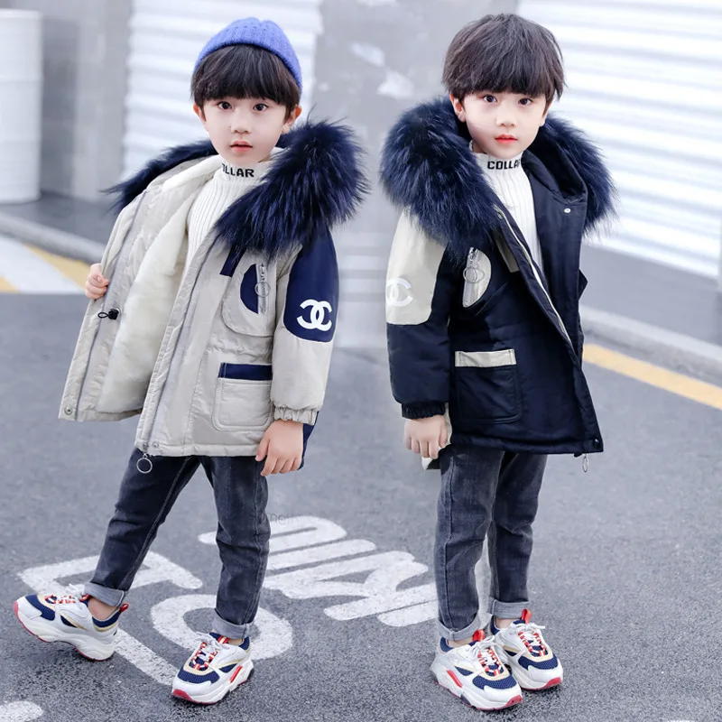 

2019 new children's down jacket raccoon fur collar thick coat boys long down coat children's warm down lining duck down 90%