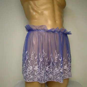 

Sissy Skirt Blue Men Lace Embroidery Dress Style Thong Bikini Cover Transparent Underwear Porno Sexy Cross Lingerie Lenceria