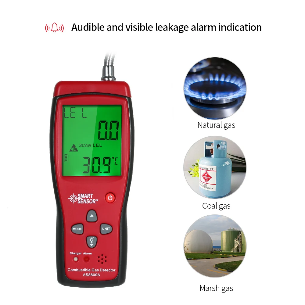 

AS8800A Combustible Gas Detector Handheld Digital Natural Gas Analyzer Coal Gas Leak Detector With Green Backlight