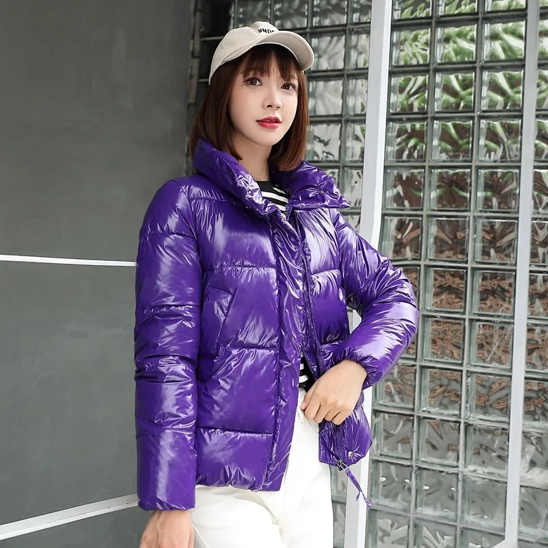 Бежевая куртка женская зимняя модная теплая плотная однотонная короткая хлопковая стеганая парка куртка со стоячим воротником XL XXL - Цвет: Purple