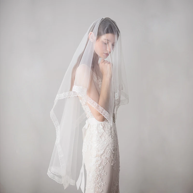 

V608 Elegant Lace edge Ivory Long Cathedral Wedding Veils Beaded Appliqued Bridal Veils covered face With Comb