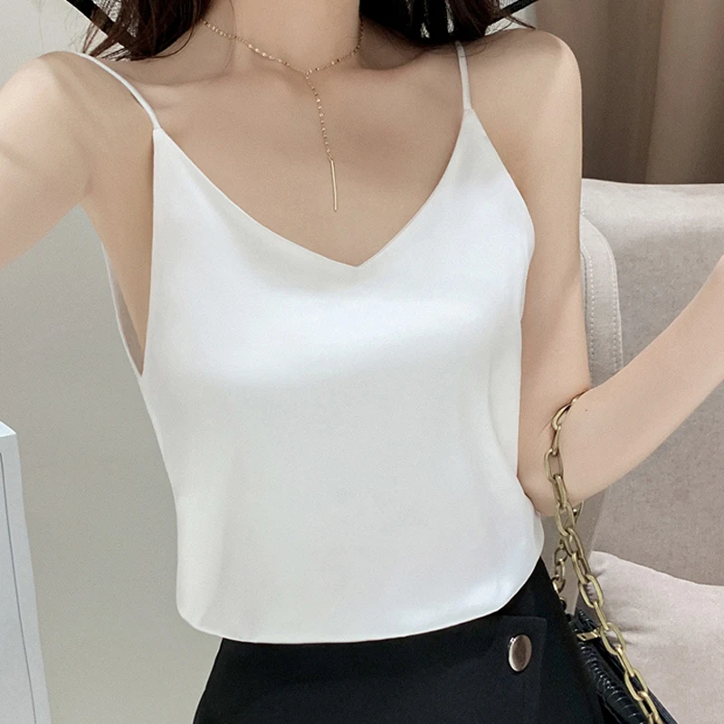 Casual V-Neck Sexy Solid Satin Woman Camis Tank Tops Render Chiffon Sleeveless Camisole Top Plus Size Halter Camis Tops