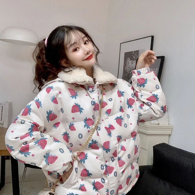 Woherb Women's Harajuku Parkas Kawaii Jacket Strawberry Print Winter Padded Coats Women Japanese Fashion Outwear Loose Coat