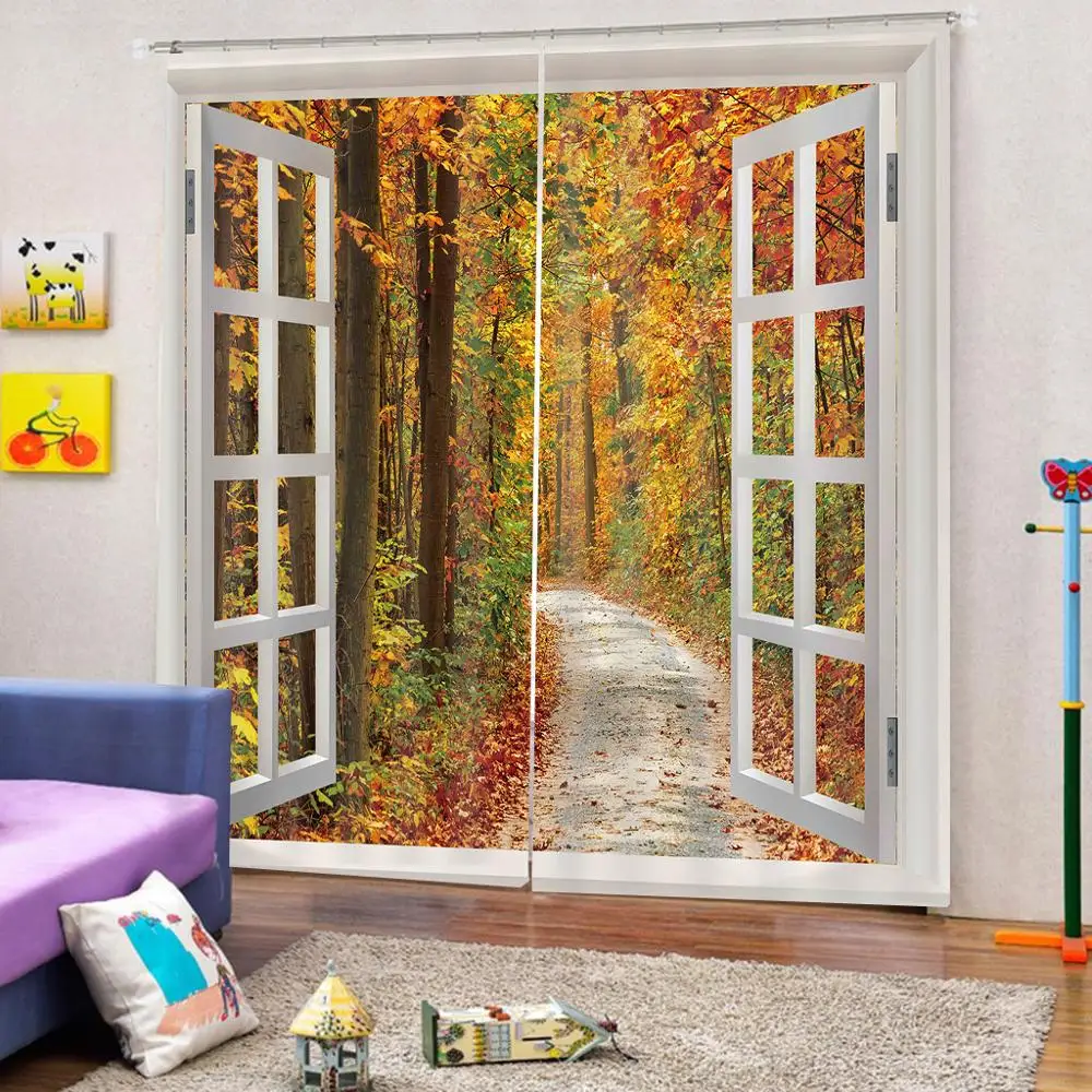 Custom Autumn Scenery Curtains Maple Tree Road Blackout Window Curtain Polyester Fabric Living room Bedroom Drapes Decor