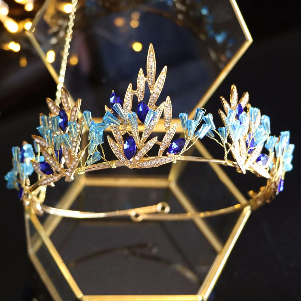 Queenco, богемная корона, синий кристалл, тиара, корона для невесты, золотые листья, свадебные аксессуары для волос, этническая головная повязка, подарки для девочки