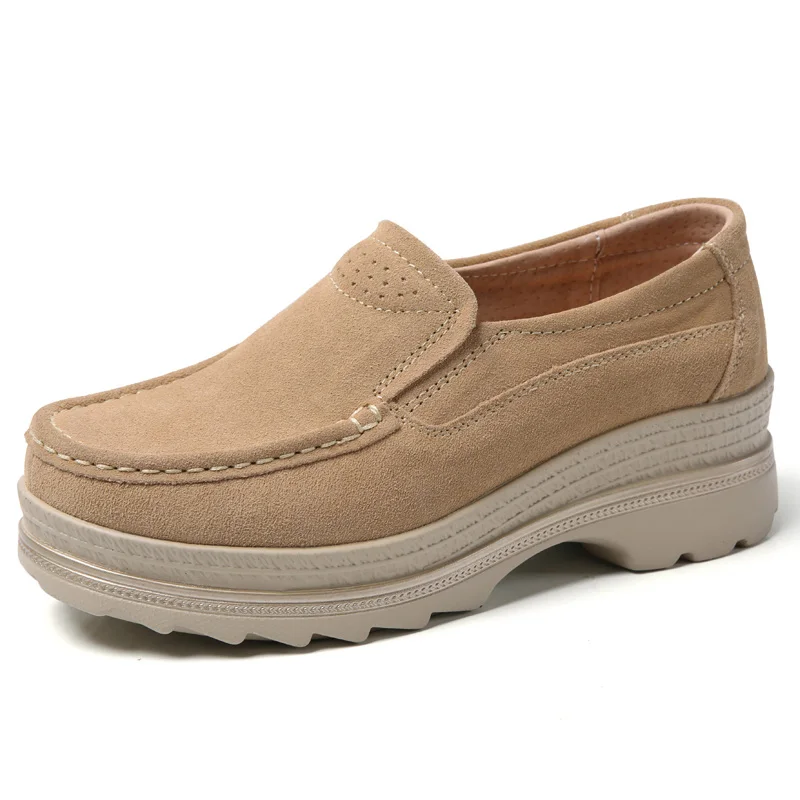 beige EOFK/женские лоферы на плоской платформе; женские мокасины из натуральной кожи; Женская Осенняя повседневная обувь без застежки - Цвет: beige