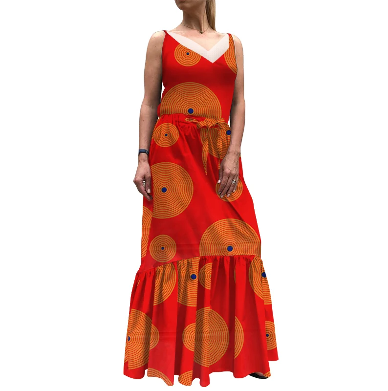 

Danshiki Africa Dress for Women Bazin Riche Sexy v Neck Wedding Party sleeveless long Dress Traditional African Clothing WY5723