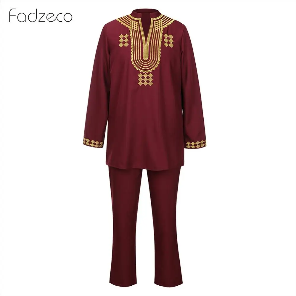 Fadzeco Dashiki, Мужской Топ и штаны, комплект одежды из 2 предметов, африканская мужская одежда, Riche, африканская одежда для мужчин, рубашка с брюками - Цвет: Red