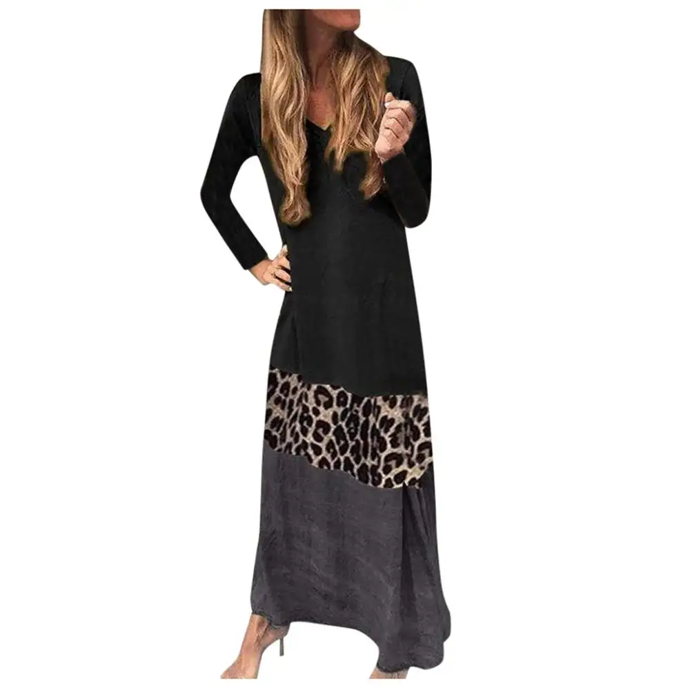 Vestidos, осенняя мода, женское платье с длинным рукавом и глубоким v-образным вырезом, леопардовое лоскутное повседневное длинное платье макси, женское платье - Цвет: Черный