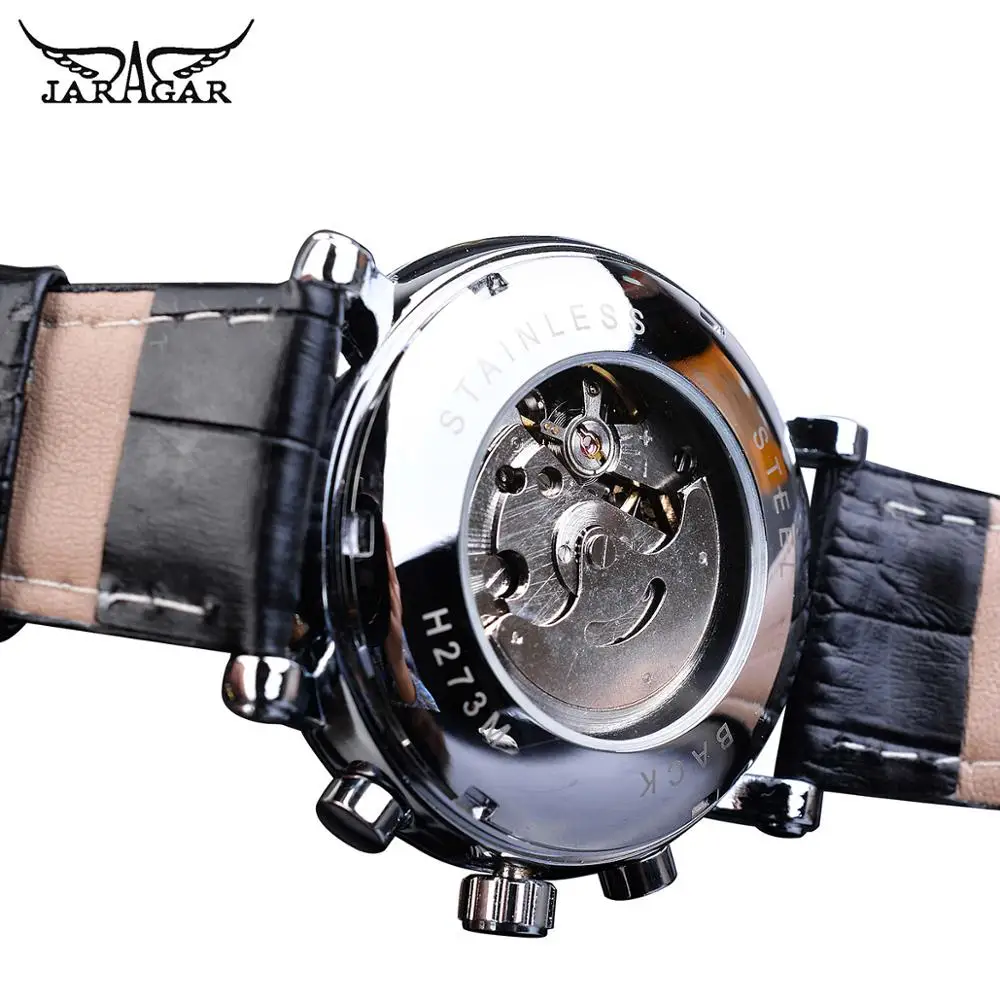 Jaragar модные черные мужские механические часы с автоматическим подзаводом 6 рук Аналоговые часы с календарем из натуральной кожи ремешок Деловое платье Montre Homme