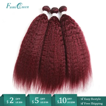 

99J Red Burgundy Colored Yaki Straight Human Hair Weave Bundles 3Pcs Lot 14"-26" Ali FumiQueen Remy Human Hair Extension